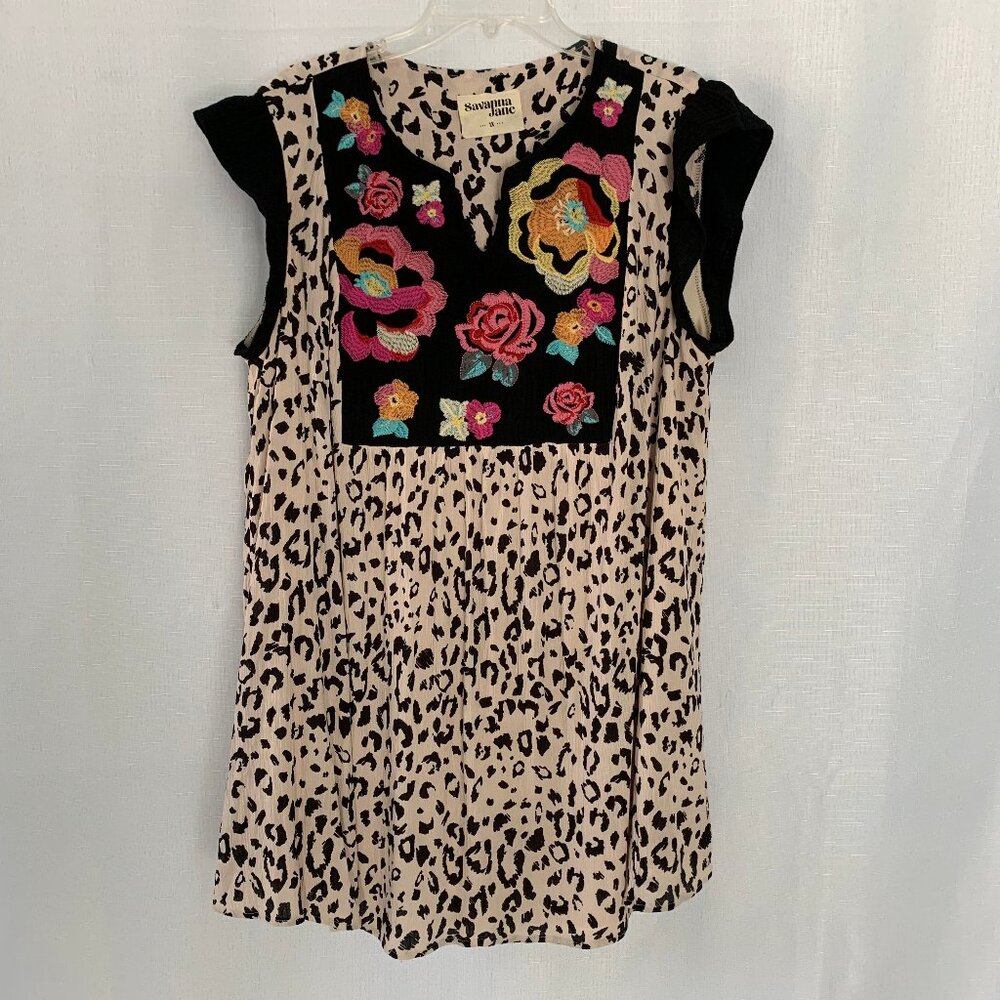 SAVANNA JANE Animal Print Embroidered Floral Sleeveless Lined Dress